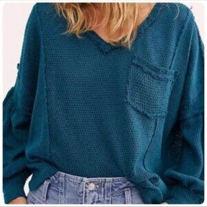 Free People "Fresh and New" Hacci Teal Oversized V Neck Sweater -Size L